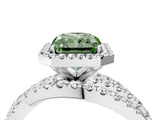 Silver Fancy Green Radiant Cut Diamond Halo Ring with Round Split Shank and Prong Setting_16