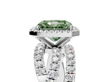 Silver Fancy Green Radiant Cut Diamond Halo Ring with Round Split Shank and Prong Setting_17