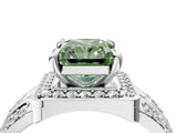 Silver Fancy Green Radiant Cut Diamond Halo Ring with Split Shank and Bezel Accents and Four-Prong Setting_10