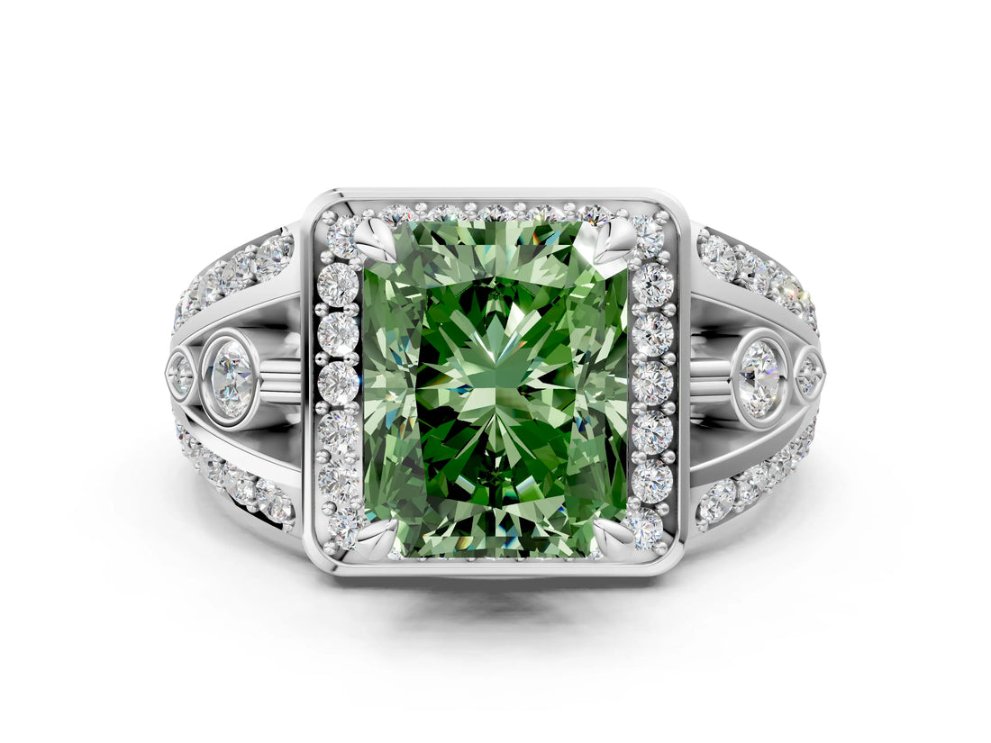Silver Fancy Green Radiant Cut Diamond Halo Ring with Split Shank and Bezel Accents and Four-Prong Setting_6