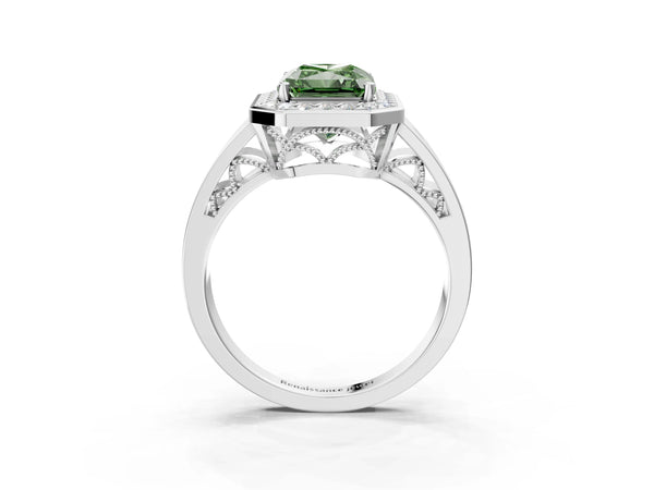 Sterling Silver Radiant Cut Channel Set Halo Engagement Ring Setting for Fancy Green Center