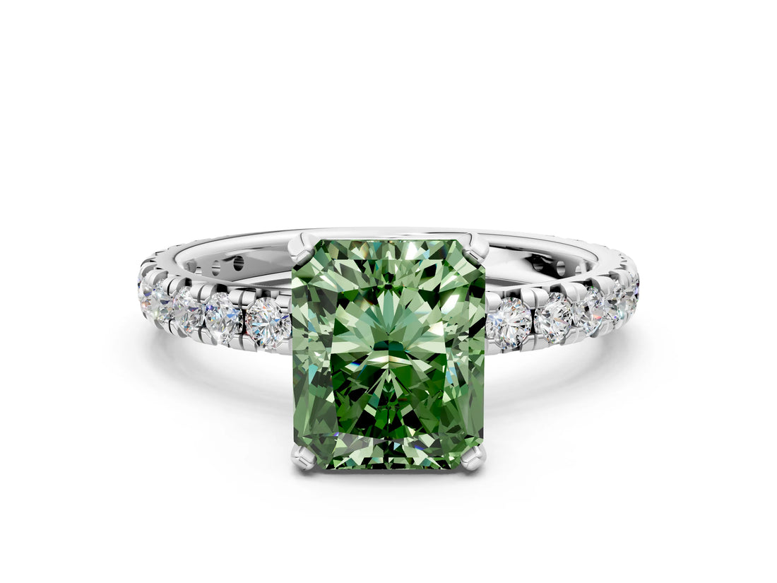 Silver Fancy Green Radiant Cut Diamond Pavé Solitaire Ring with Round Band and Prong Setting