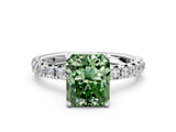 Silver Fancy Green Radiant Cut Diamond Pavé Solitaire Ring with Round Band and Prong Setting