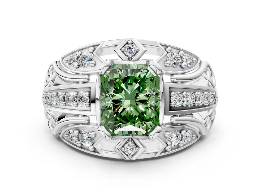 Silver Fancy Green Radiant Cut Diamond Pave Art Deco Split Shank Ring with Four-Prong Setting_6