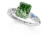 Silver Fancy Green Radiant  Cut Diamond Ring with Baguette Side Stones, Channel Set Band, and Four-Prong Setting_13