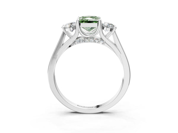 Silver Fancy Green Radiant Cut Diamond Three-Stone Engagement Ring with Prong Setting and Pavé Band