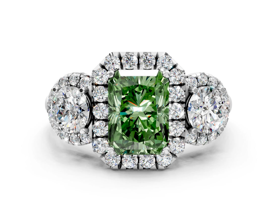 Silver Fancy Green Radiant Cut Diamond Three-Stone Halo Ring with Prong Setting and Pavé Accents_6