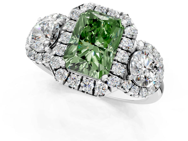 Sterling Silver Radiant Cut Three Stone Halo Engagement Ring Setting for Fancy Green Center