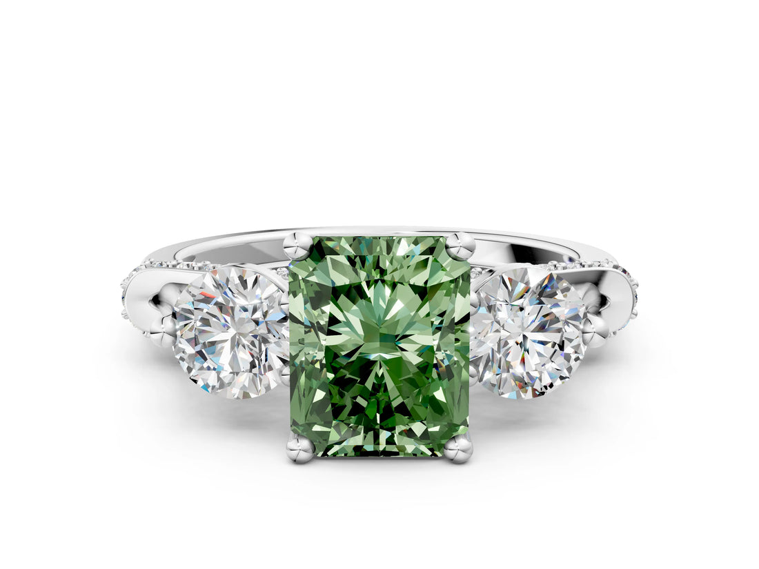 Silver Fancy Green Radiant Cut Diamond Three-Stone Ring with Prong Setting and Pavé Band_6