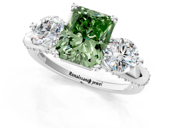 Sterling Silver Radiant Cut Curved Pave Three Stone Engagement Ring Setting for Fancy Green Center