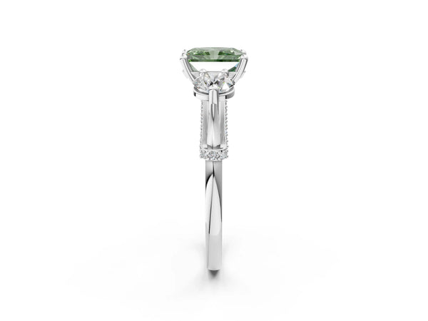 Sterling Silver Radiant Cut Curved Pave Three Stone Engagement Ring Setting for Fancy Green Center