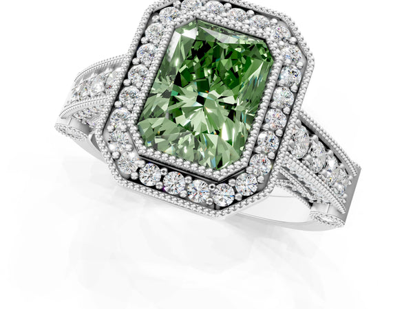 Sterling Silver Radiant Cut Vintage Bezel Halo Engagement Ring Setting for Fancy Green Center