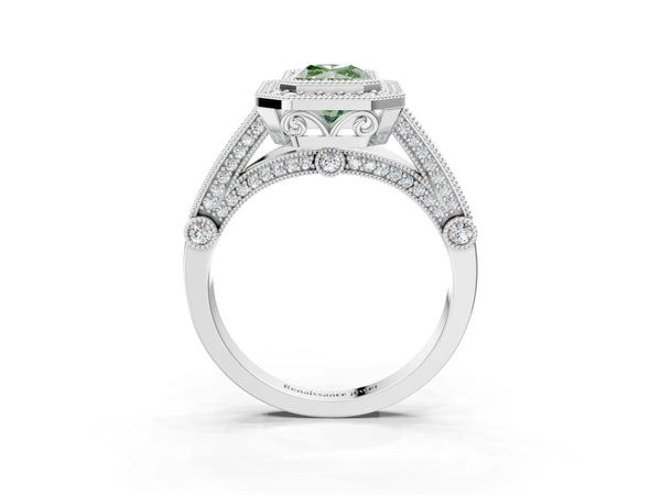 Sterling Silver Radiant Cut Vintage Bezel Halo Engagement Ring Setting for Fancy Green Center