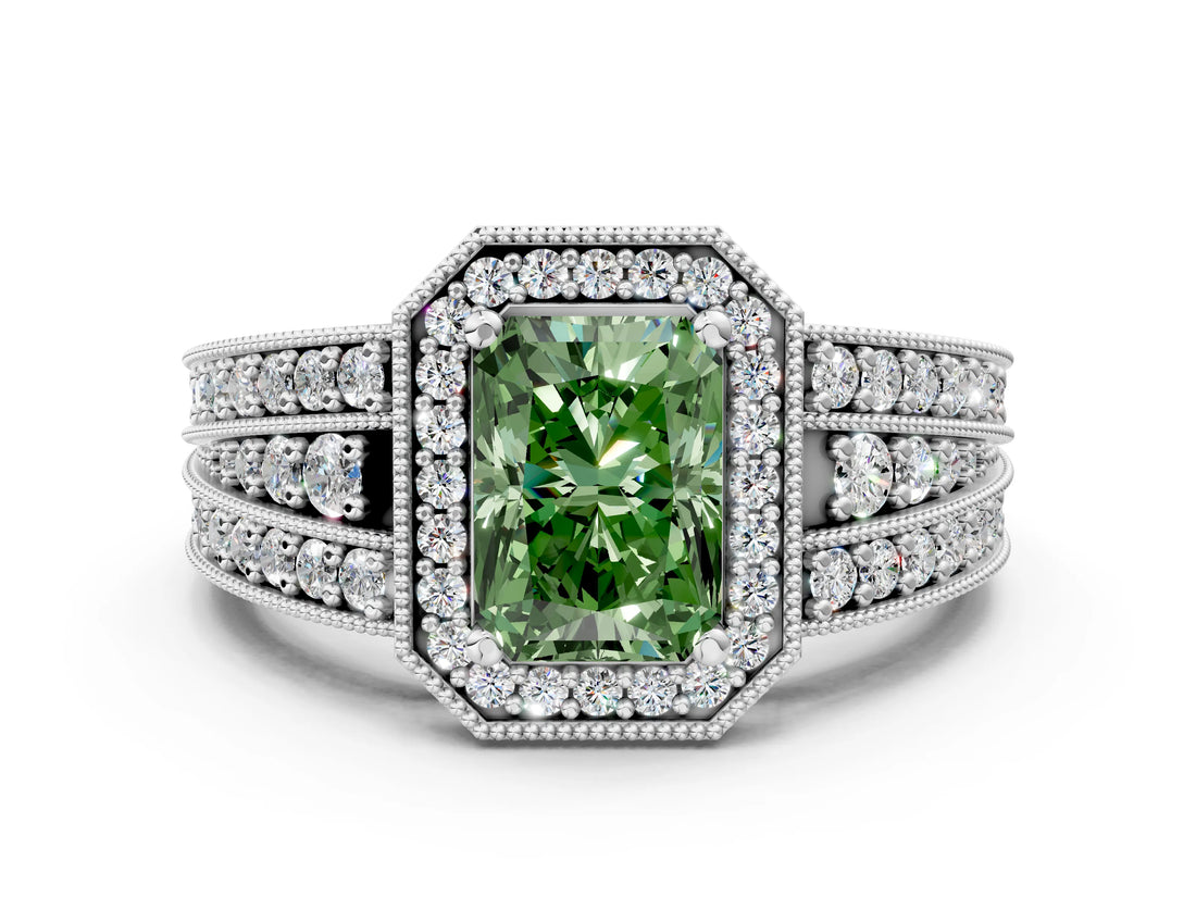 Silver Fancy Green Radiant Cut Halo Diamond Split Shank Ring with Prong Setting_36