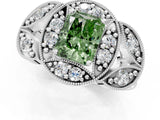 Silver Fancy Green Radiant Cut Halo Milgrain Diamond Engagement Ring with Leaf Band and Four-Prong Setting_13