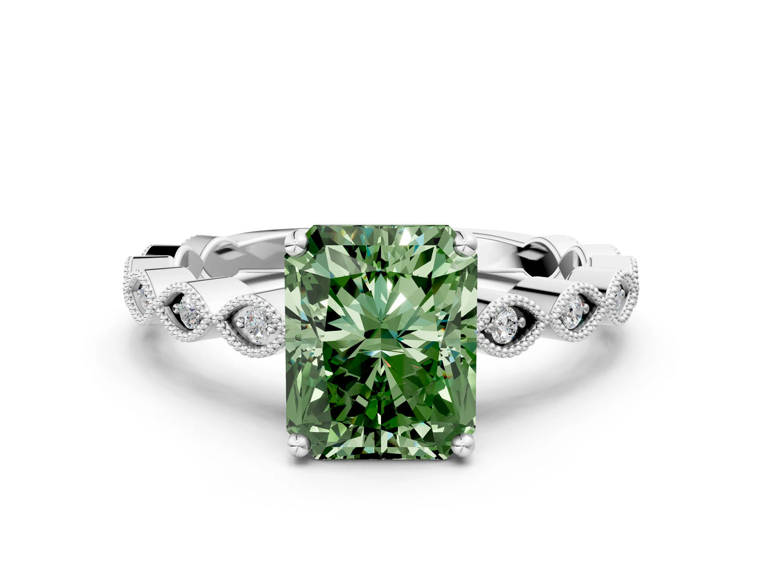 Silver Fancy Green Radiant Cut Solitaire Diamond Ring with Infinity Twist Band and Four-Prong Setting_36