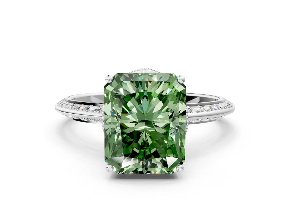 Silver Fancy Green Radiant Cut Solitaire Split Shank Pave Diamond Engagement Ring with Four-Prong Setting_84