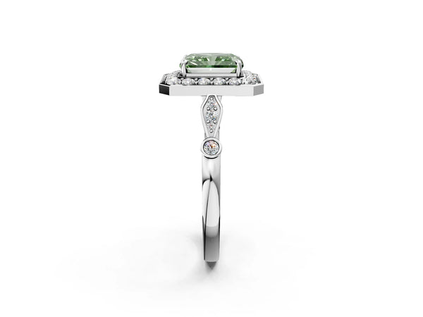 Sterling Silver Radiant Cut Bezel Station Halo Engagement Ring Setting for Fancy Green Center