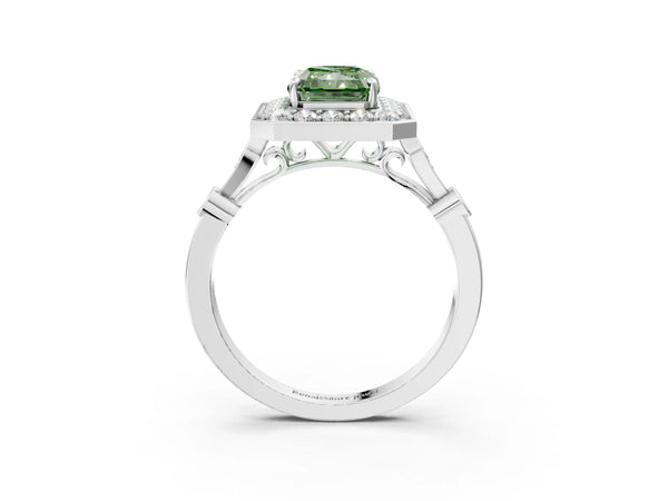 Sterling Silver Radiant Cut Bezel Station Halo Engagement Ring Setting for Fancy Green Center