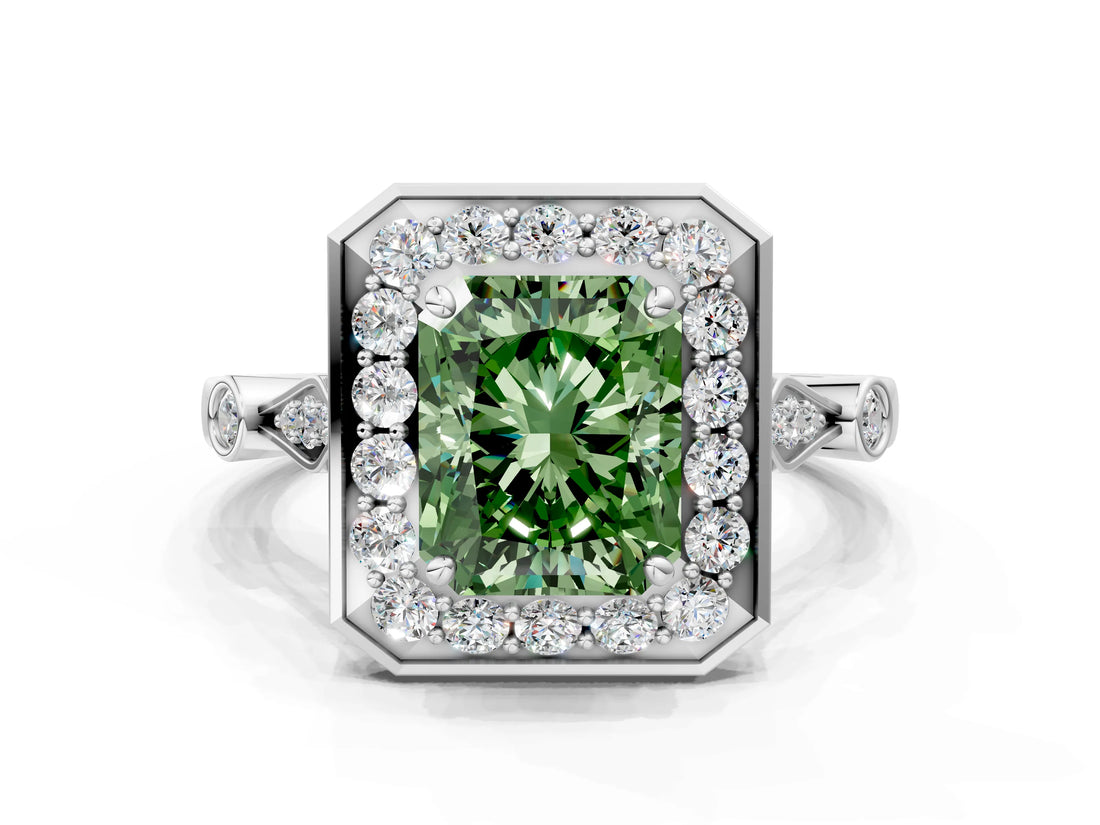 Silver Fancy Green Radiant  Halo Diamond Engagement Ring with Twisted Band and Four-Prong Setting