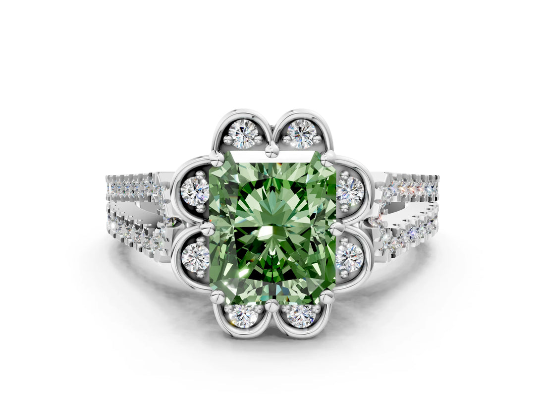 Silver Fancy Green Radiant  Halo Diamond Floral Split Shank Engagement Ring 2