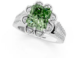Silver Fancy Green Radiant  Halo Diamond Floral Split Shank Engagement Ring 3