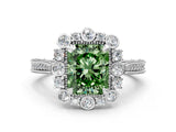 Silver Fancy Green Radiant  Halo Milgrain Pave Diamond Ring with Four-Prong Setting 1