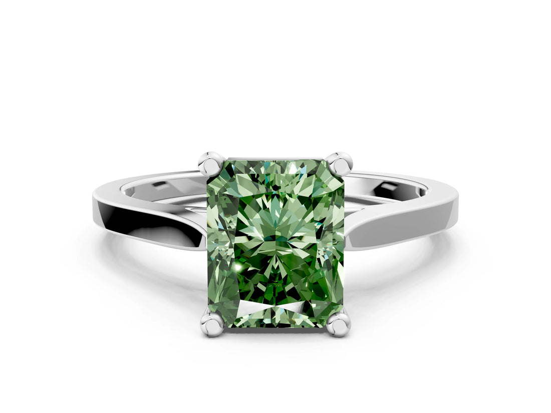 Silver Fancy Green Radiant  Solitaire Diamond Ring with Four-Prong Setting and Tapered Band 1