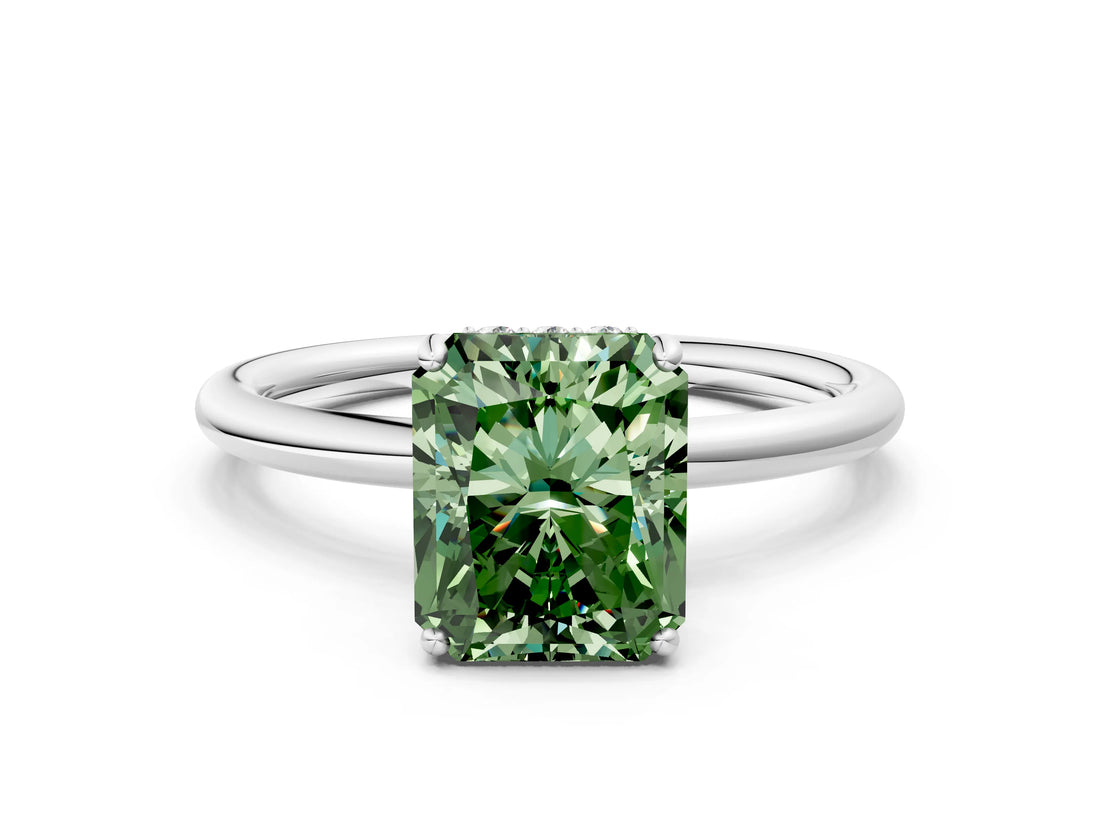Silver Fancy Green Radiant  Solitaire Diamond Ring with a Classic Band and Four-Prong Setting 1
