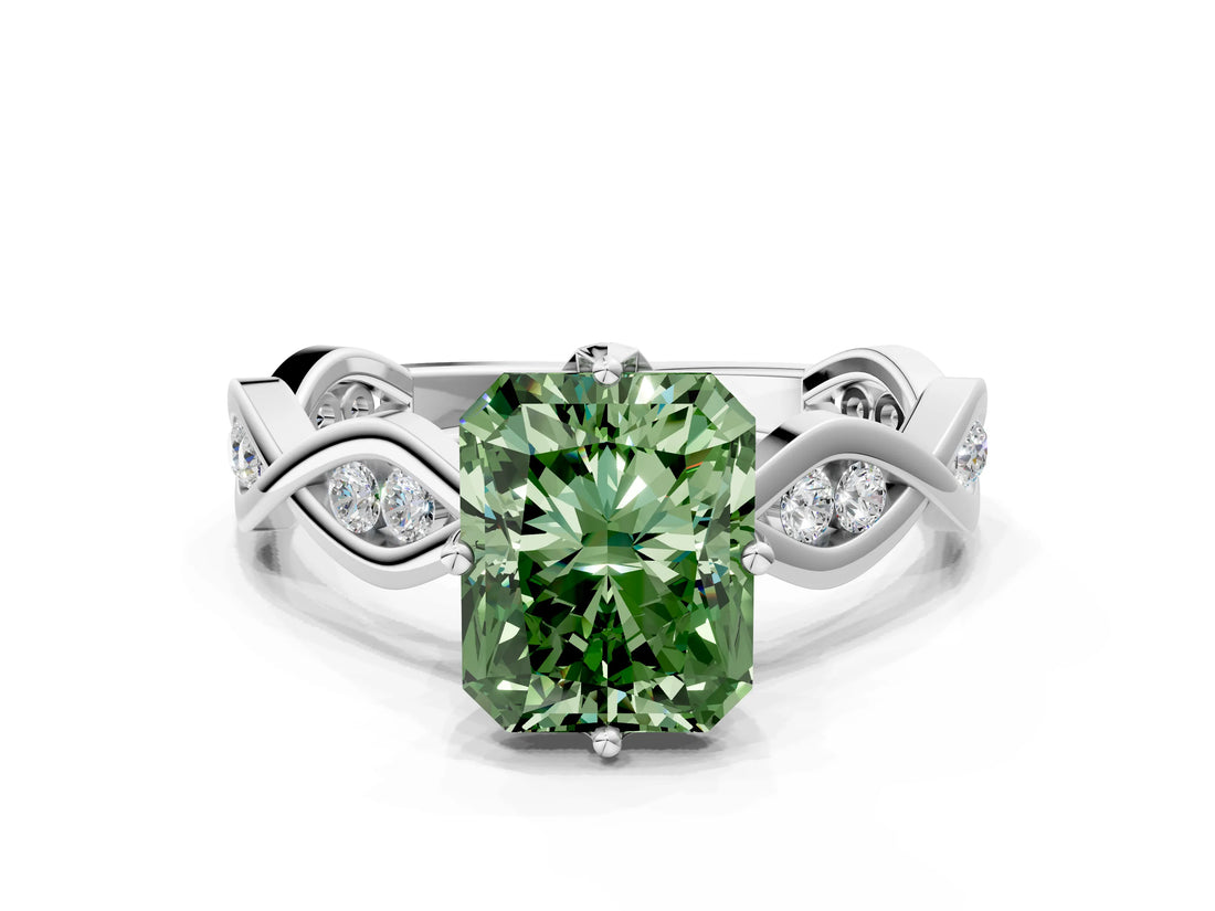 Silver Fancy Green Radiant  Solitaire Twist Band with Leaf Prong Setting 1