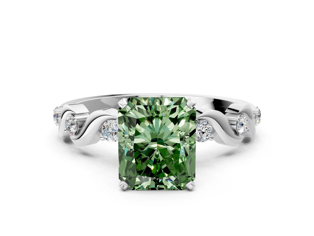 Silver Fancy Green Radiant  Solitaire Twisted Band with Prong Setting