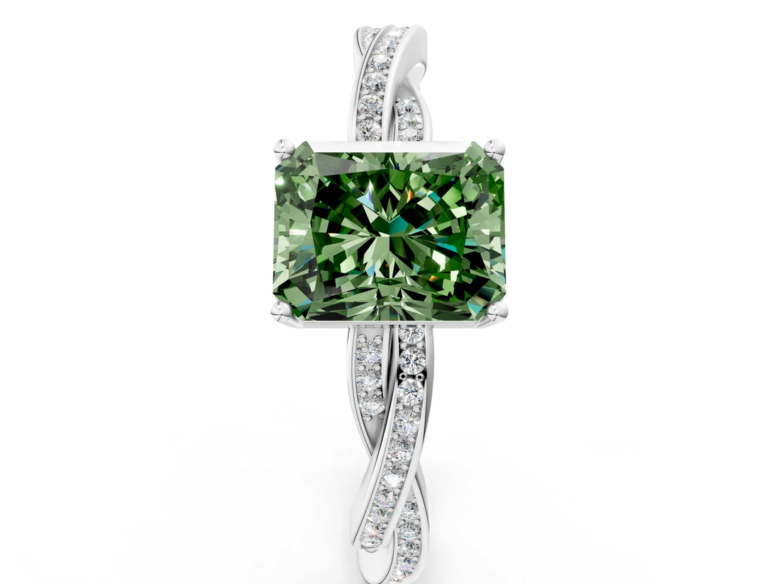 Silver Fancy Green Radiant  Solitaire Twisted Pave Diamond Ring with Four-Prong Setting