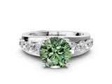 Silver Fancy Green Round  Brilliant Solitaire with Side Stones on a Pave Band and Four-Prong Setting