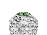 Silver Fancy Green Round Cut Brilliant Halo Pave Diamond Milgrain Ring_11