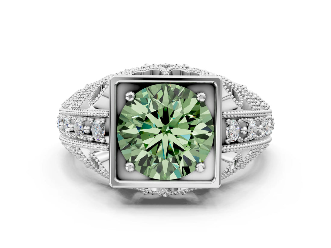 Silver Fancy Green Round Cut Brilliant Milgrain Filigree Diamond Ring with Square Prong Setting_12