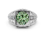 Silver Fancy Green Round Cut Brilliant Milgrain Filigree Diamond Ring with Square Prong Setting_12