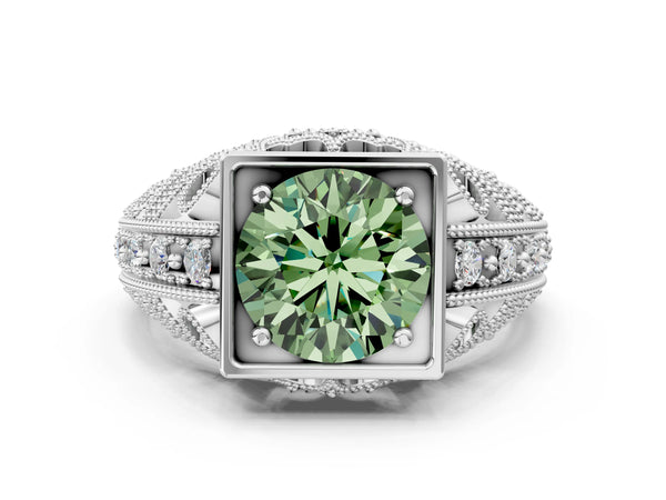 Silver Fancy Green Round Cut Brilliant Milgrain Filigree Diamond Ring with Square Prong Setting