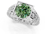 Silver Fancy Green Round Cut Brilliant Milgrain Filigree Diamond Ring with Square Prong Setting_13