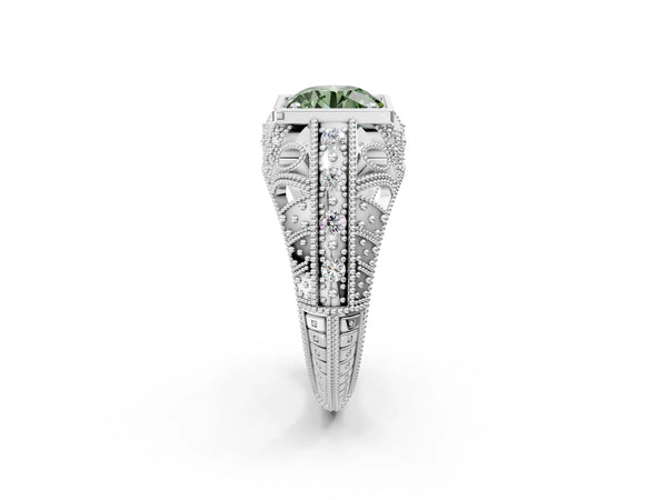 Silver Fancy Green Round Cut Brilliant Milgrain Filigree Diamond Ring with Square Prong Setting