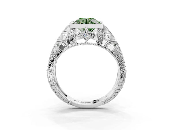 Silver Fancy Green Round Cut Brilliant Milgrain Filigree Diamond Ring with Square Prong Setting