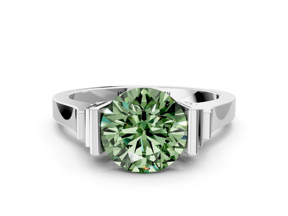 Silver Fancy Green Round Cut Brilliant Solitaire Diamond Ring with Channel Set Band and Bar Prong Setting_6