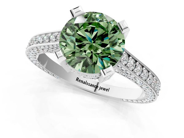 Silver Fancy Green Round Cut Brilliant Split Shank Pave Solitaire Ring with Four-Prong Setting