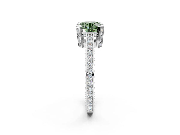 Silver Fancy Green Round Cut Brilliant Split Shank Pave Solitaire Ring with Four-Prong Setting