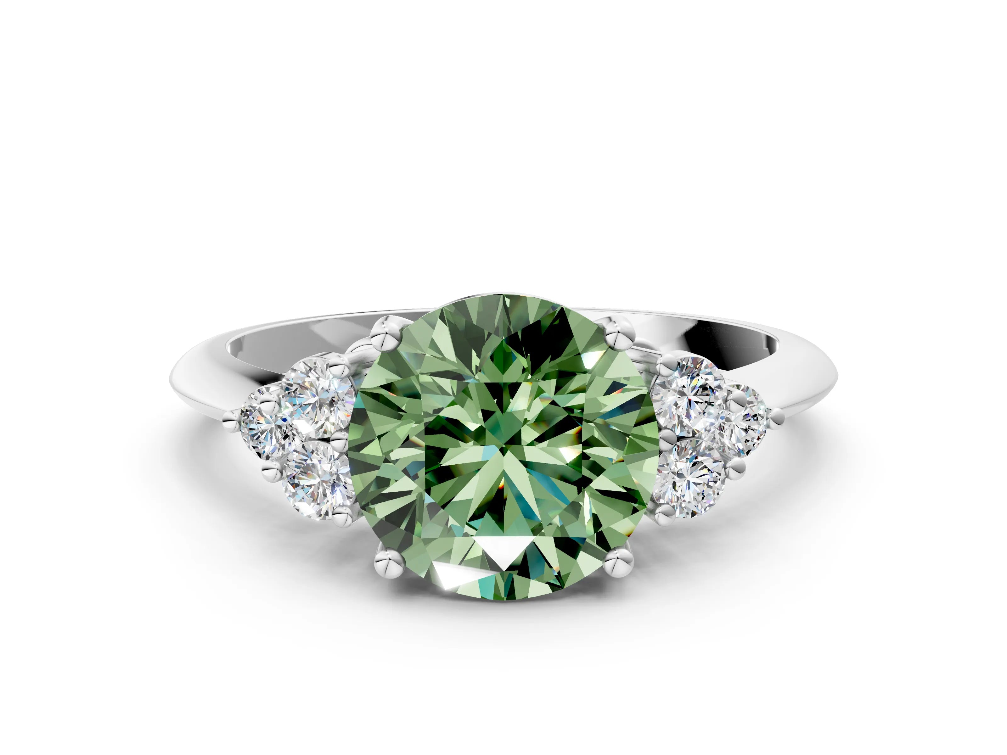 Silver Fancy Green Round Cut Cut Diamond Cluster Ring with Solitaire Band and Four-Prong Setting_25