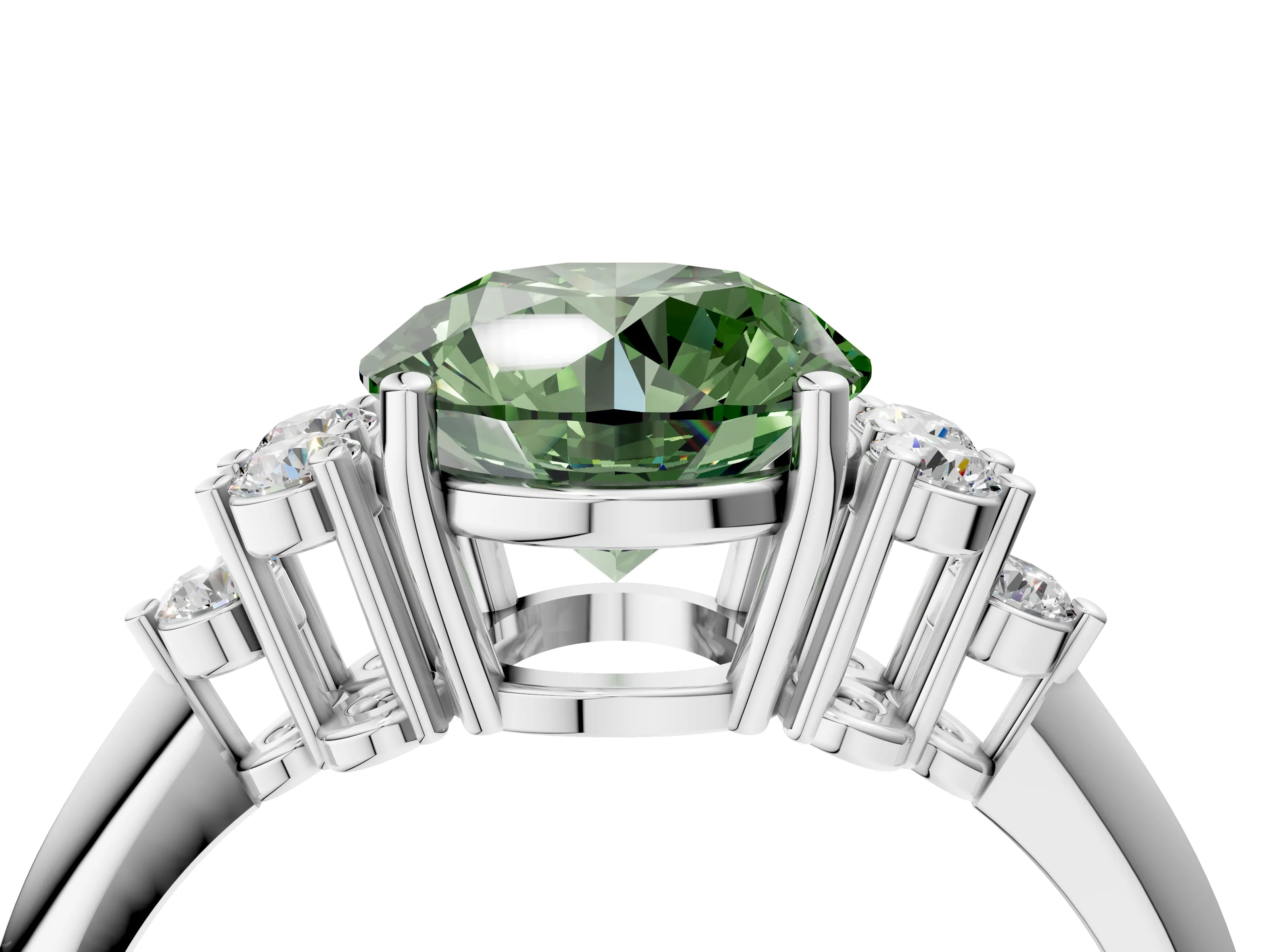 Silver Fancy Green Round Cut Cut Diamond Cluster Ring with Solitaire Band and Four-Prong Setting_29