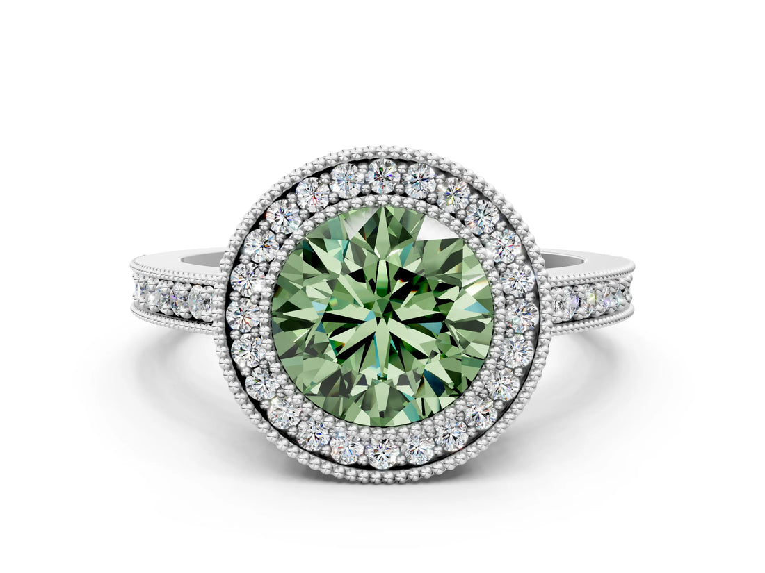 Silver Fancy Green Round Cut-Cut Diamond Halo Engagement Ring with Pave Band and Prong Setting_12