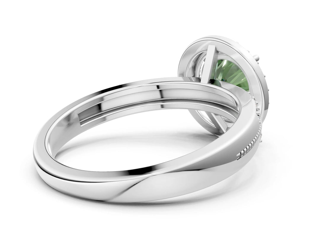 Silver Fancy Green Round Cut Diamond Double Halo Ring with Split Shank and Four-Prong Setting_6