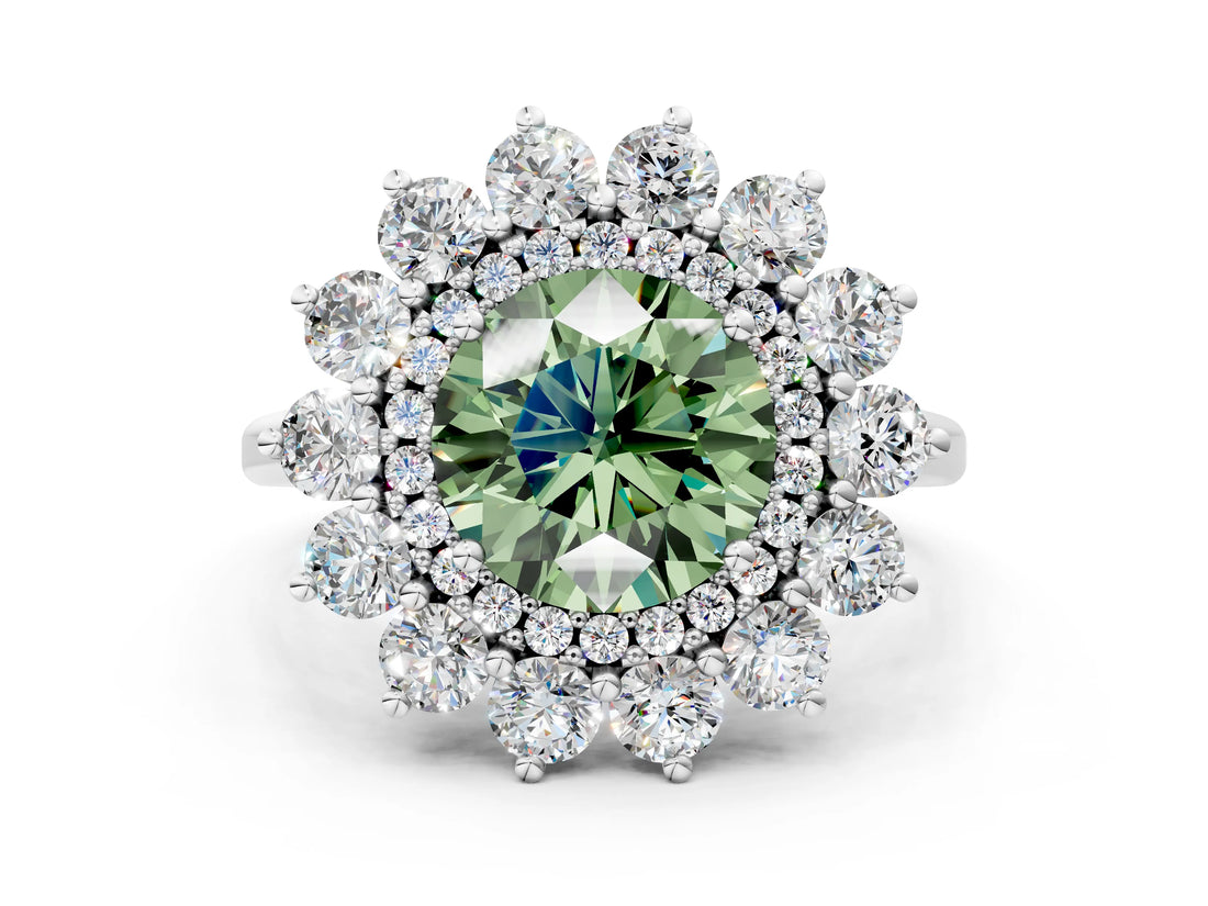 Silver Fancy Green Round Cut Diamond Floral Double Halo Engagement Ring with Prong Setting_36