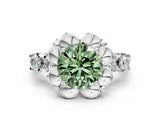 Silver Fancy Green Round  Cut Diamond Floral Halo Engagement Ring with Shared Prong Setting 1