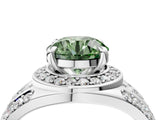 Silver Fancy Green Round Cut Diamond Halo Ring with Split Shank and Bezel Accents and Four-Prong Setting_10